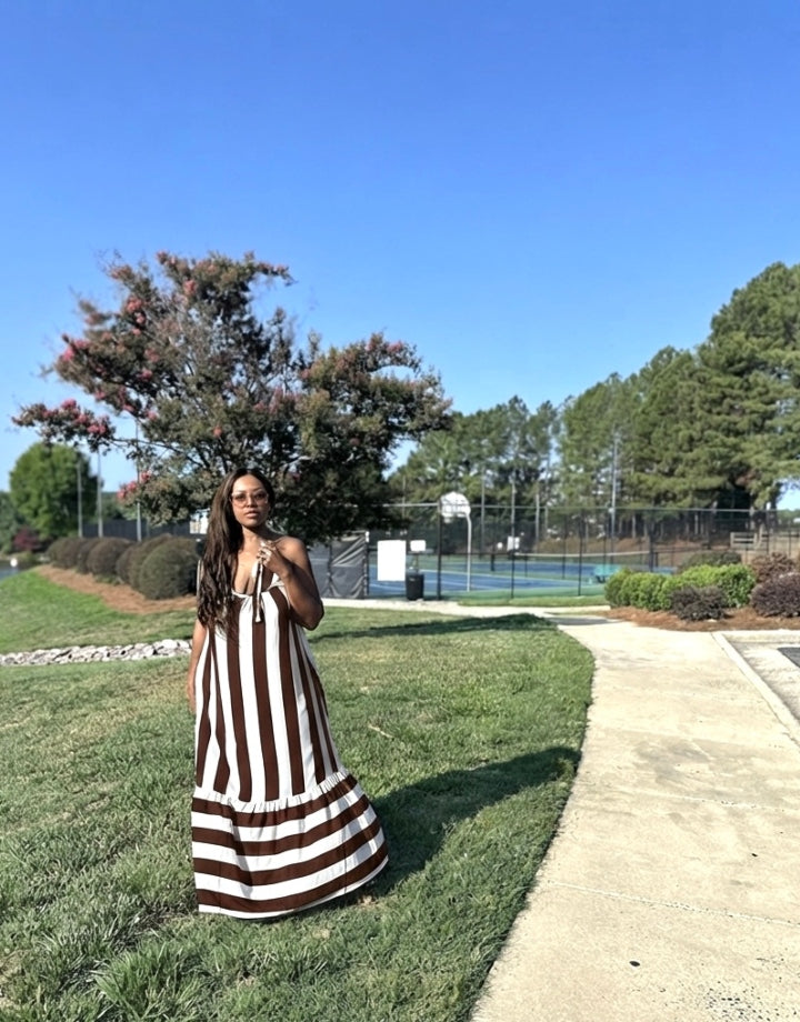 Beauty In Stripes  Maxi Dress with Pockets - Chocolate Brown and white blend Ships 7/31