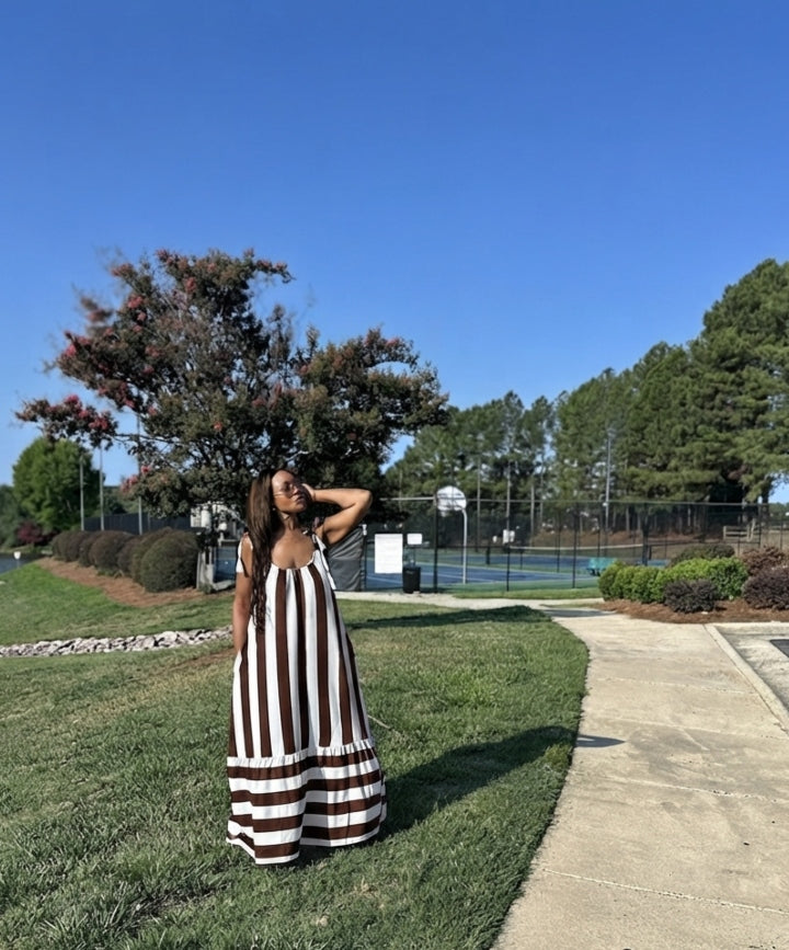 Beauty In Stripes  Maxi Dress with Pockets - Chocolate Brown and white blend Ships 7/31
