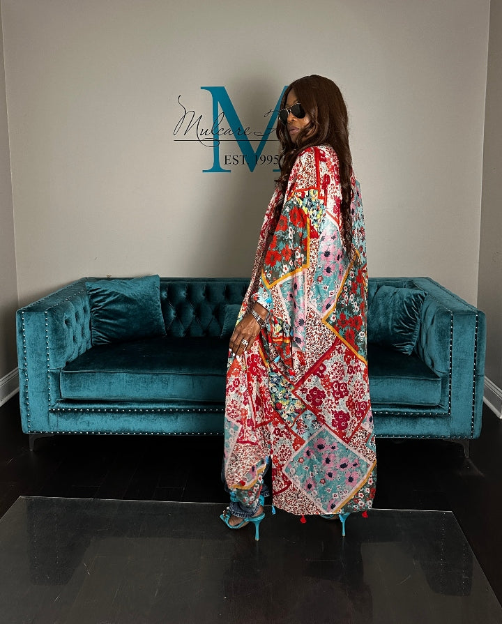 Bali Open Front Kimono Long Kimono - Red Turquoise Floral Blend Ships 6/20