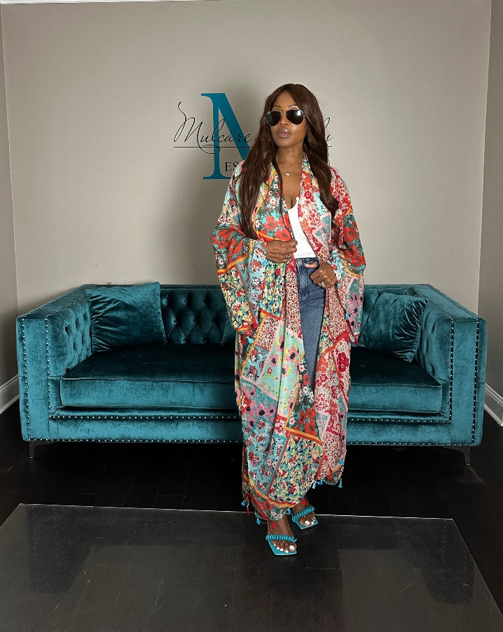 Bali Open Front Kimono Long Kimono - Red Turquoise Floral Blend Ships 6/20