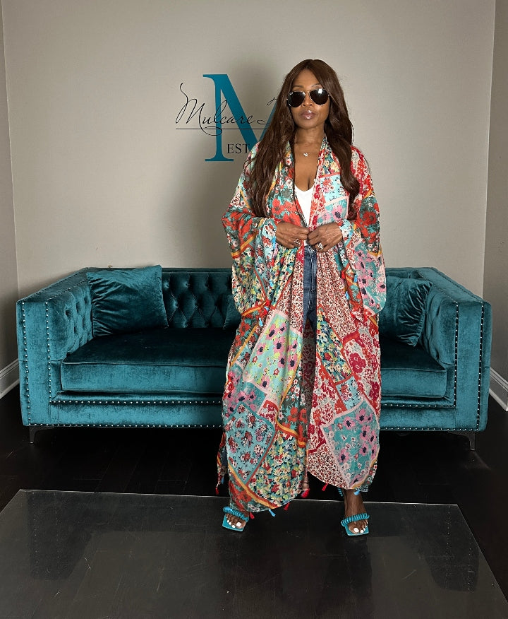 Bali Open Front Kimono Long Kimono - Red Turquoise Floral Blend Ships 6/20