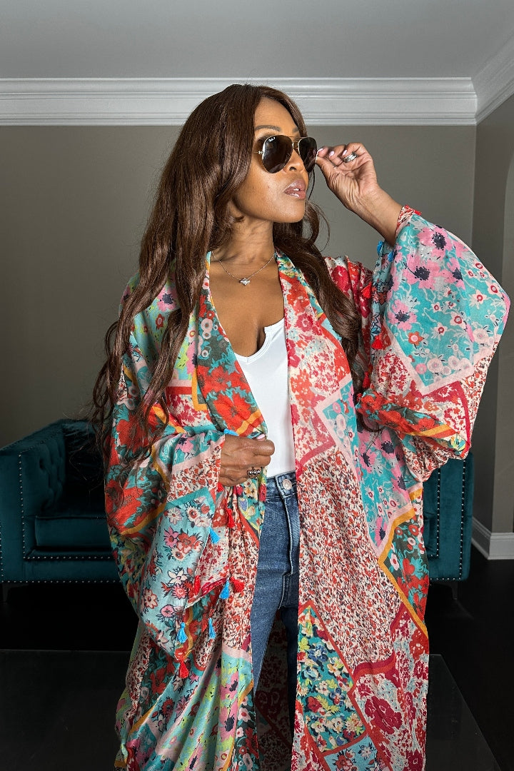 Bali Open Front Kimono Long Kimono - Red Turquoise Floral Blend Ships 6/20