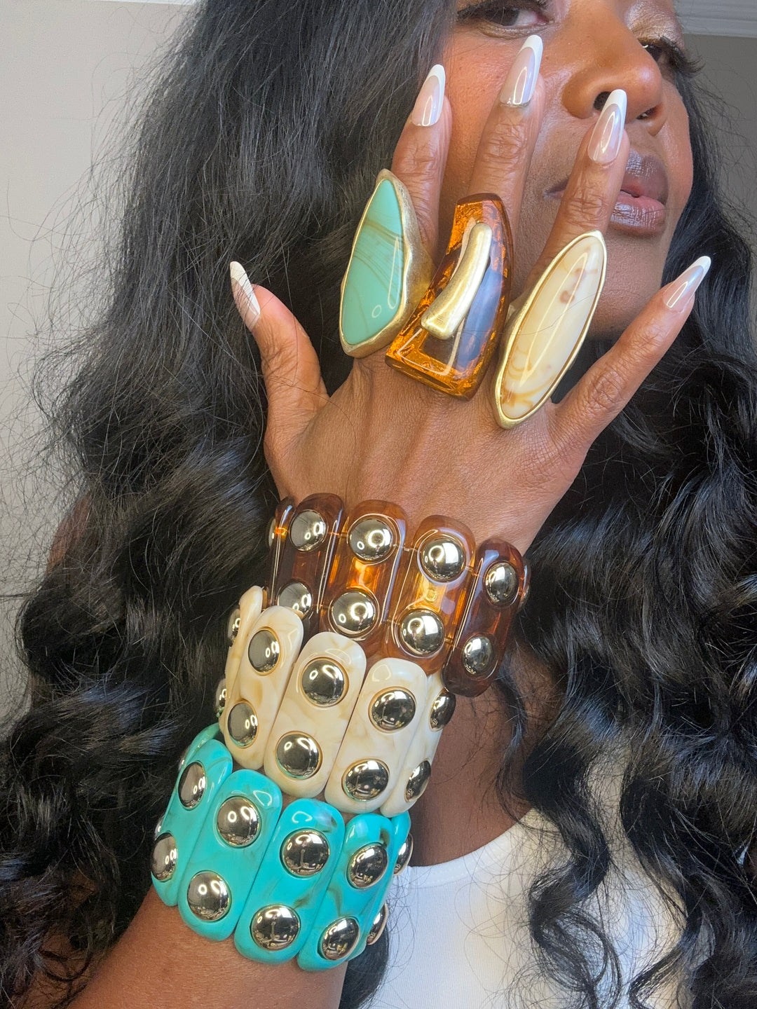 Studded Stretch Marble Bracelet with Gold Studs - Amber Topaz