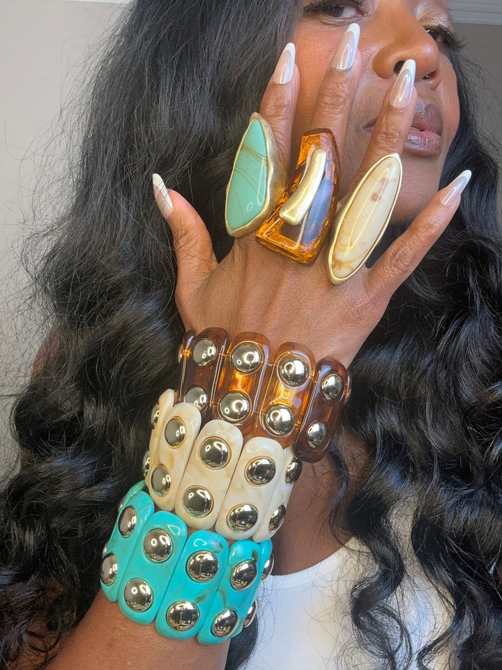 Studded Stretch Marble Bracelet with Gold Studs - Amber Topaz