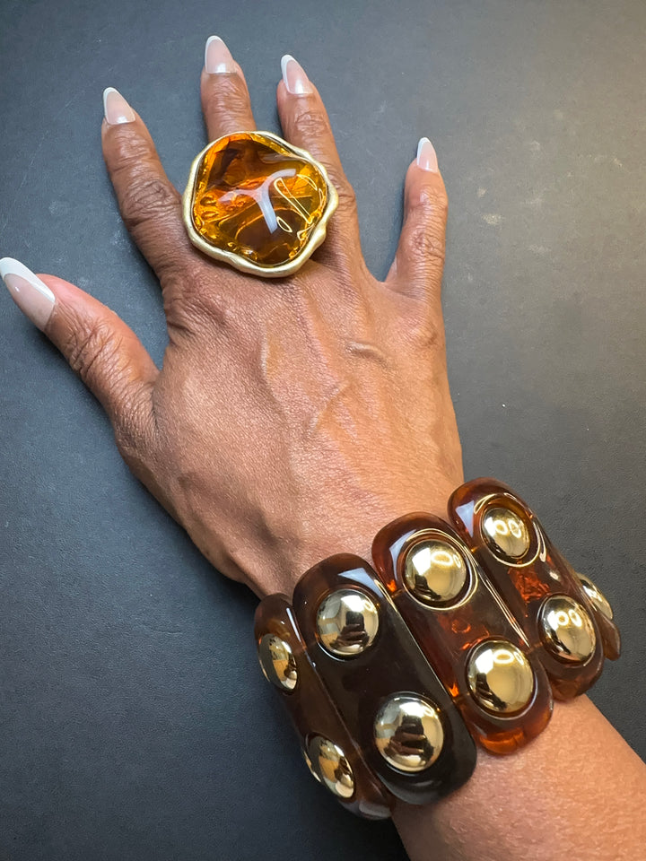 Studded Stretch Marble Bracelet with Gold Studs - Amber Topaz