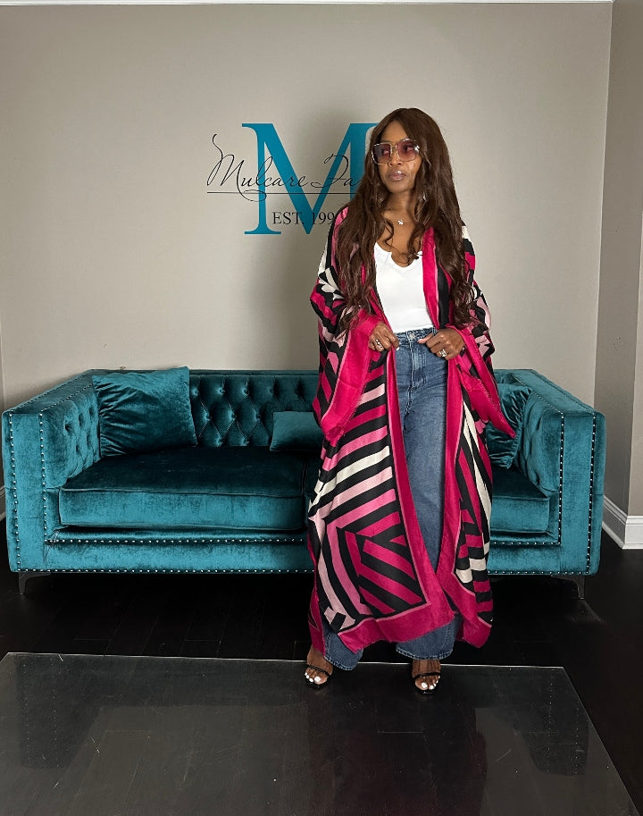 Reno Open Front Kimono Long Kimono - Hot Pink Soft Pink Black Blend
