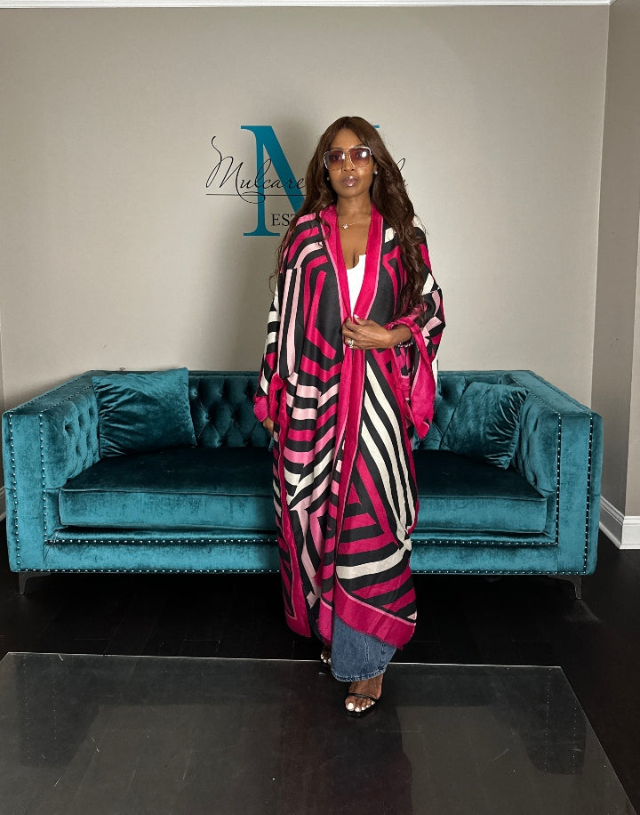 Reno Open Front Kimono Long Kimono - Hot Pink Soft Pink Black Blend