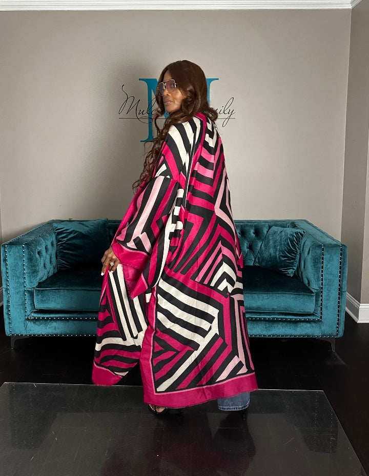 Reno Open Front Kimono Long Kimono - Hot Pink Soft Pink Black Blend