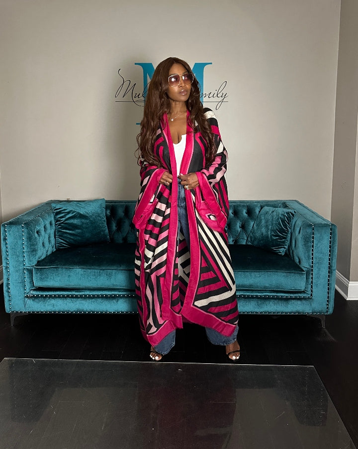 Reno Open Front Kimono Long Kimono - Hot Pink Soft Pink Black Blend