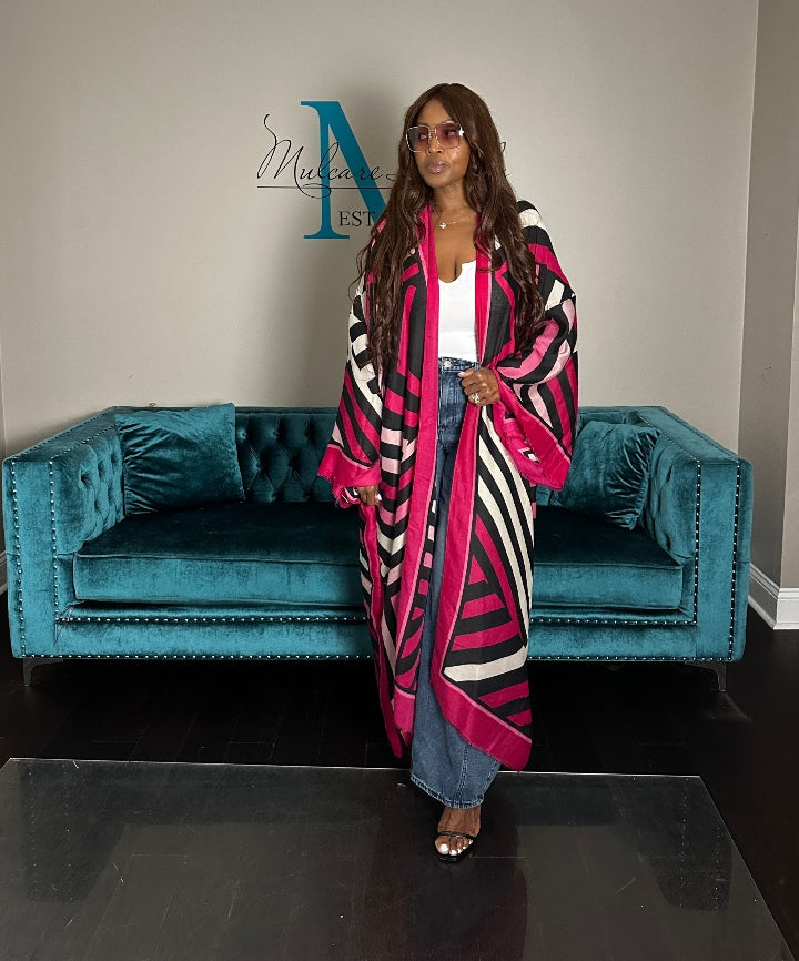 Reno Open Front Kimono Long Kimono - Hot Pink Soft Pink Black Blend