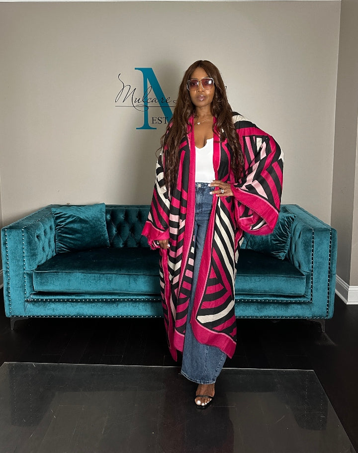Reno Open Front Kimono Long Kimono - Hot Pink Soft Pink Black Blend