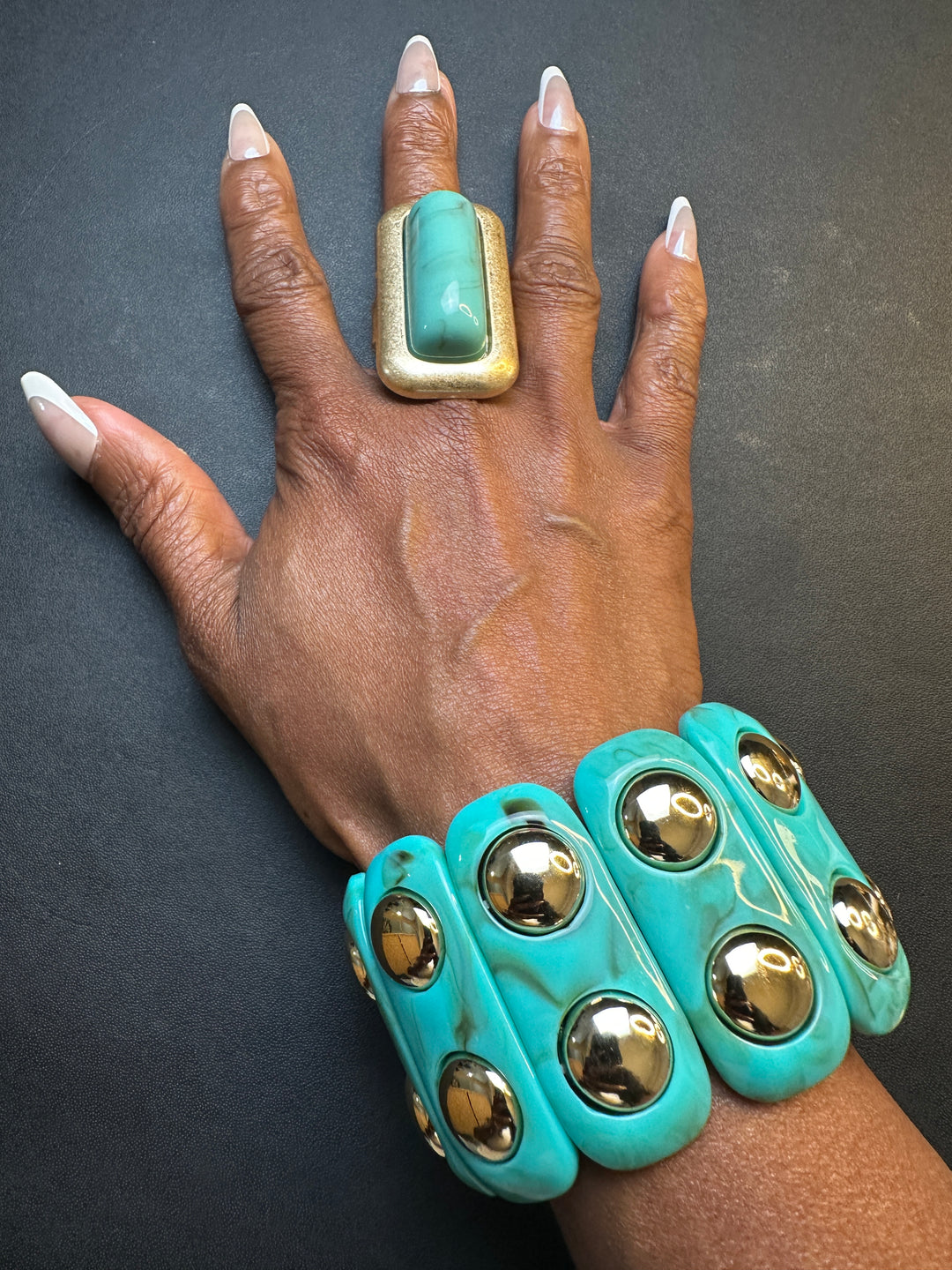 Studded Stretch Marble Bracelet with Gold Studs - Turquoise