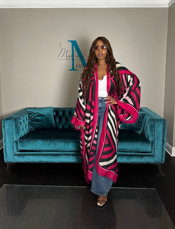 Reno Open Front Kimono Long Kimono - Hot Pink Soft Pink Black Blend