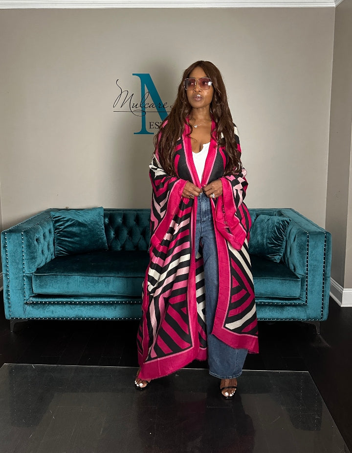 Reno Open Front Kimono Long Kimono - Hot Pink Soft Pink Black Blend