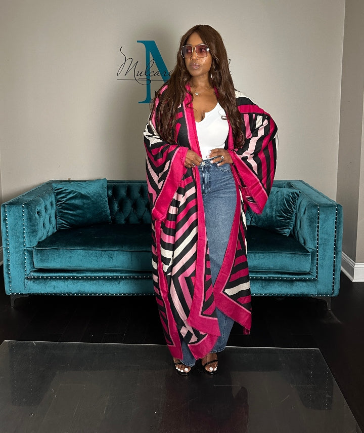 Reno Open Front Kimono Long Kimono - Hot Pink Soft Pink Black Blend