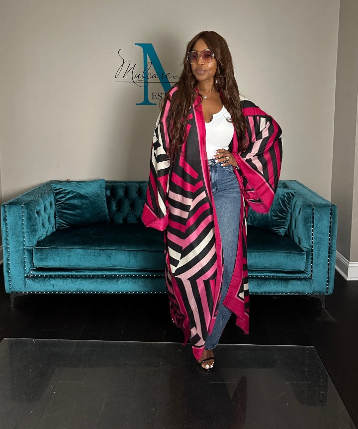 Reno Open Front Kimono Long Kimono - Hot Pink Soft Pink Black Blend