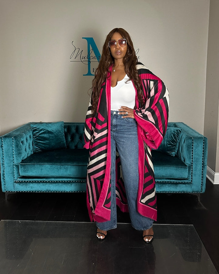 Reno Open Front Kimono Long Kimono - Hot Pink Soft Pink Black Blend