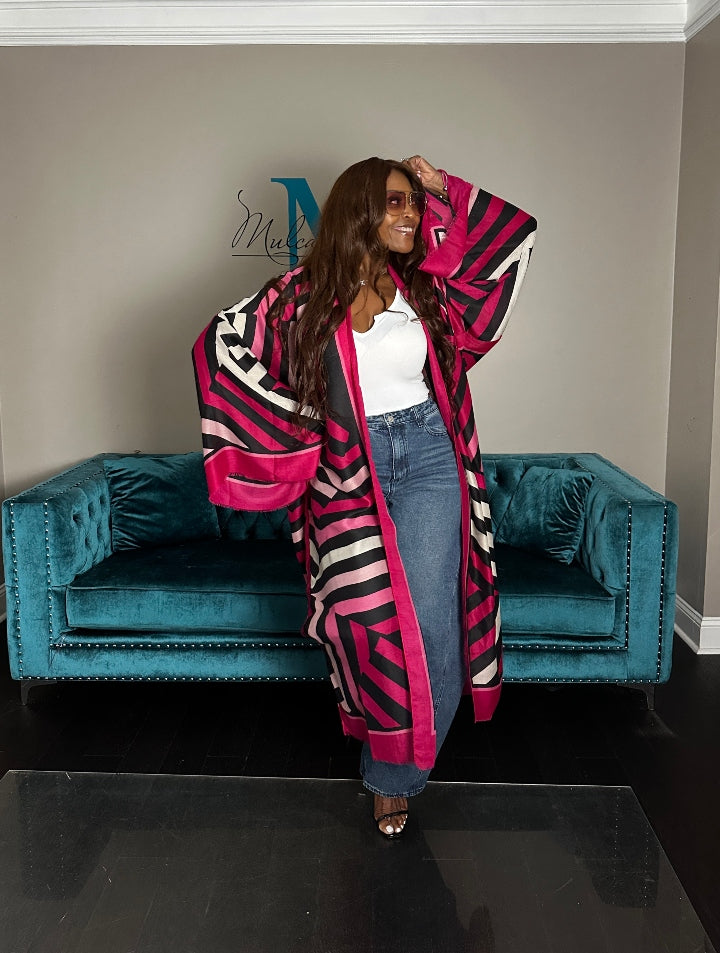 Reno Open Front Kimono Long Kimono - Hot Pink Soft Pink Black Blend