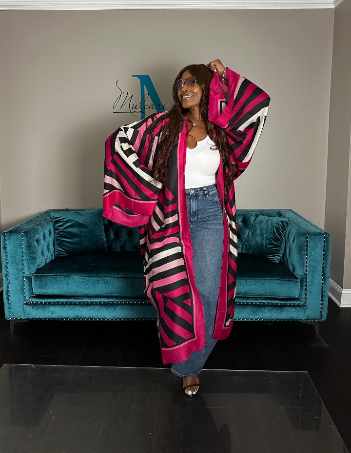 Reno Open Front Kimono Long Kimono - Hot Pink Soft Pink Black Blend