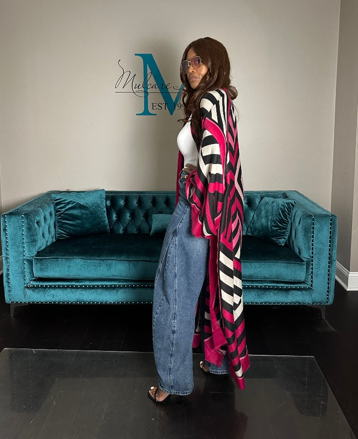 Reno Open Front Kimono Long Kimono - Hot Pink Soft Pink Black Blend