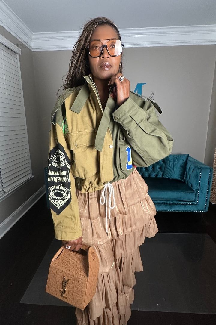 Denim x Cargo Patch Front Jacket -Khaki