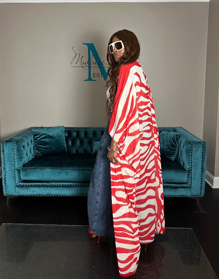 Mexico City Open Front Kimono Long Kimono - Red White Pink Trim Blend