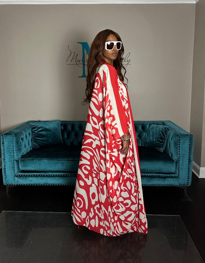 Mexico City Open Front Kimono Long Kimono - Red White Pink Trim Blend