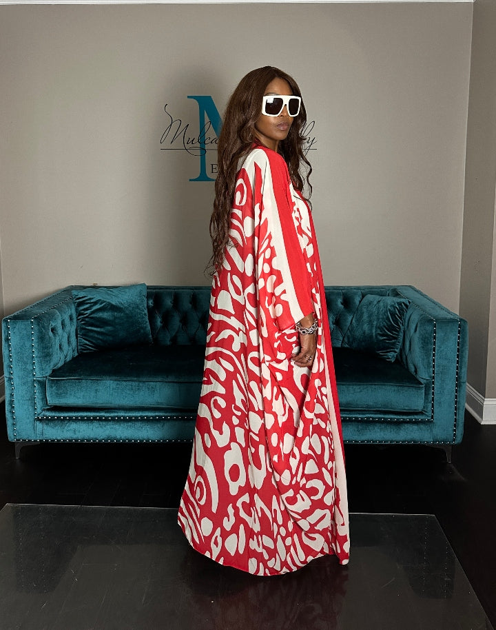 Mexico City Open Front Kimono Long Kimono - Red White Pink Trim Blend