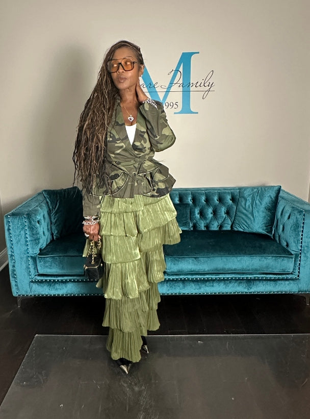 Long Sleeve Camo Stretch Peplum Zipper Tiered Jacket