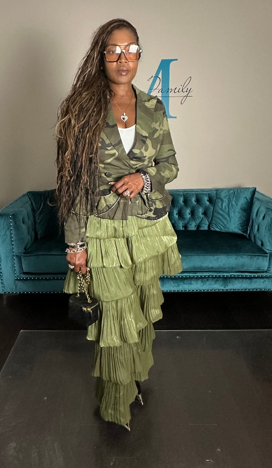 Long Sleeve Camo Stretch Peplum Zipper Tiered Jacket