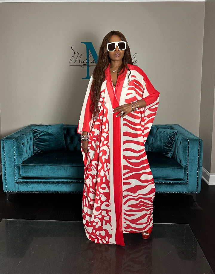 Mexico City Open Front Kimono Long Kimono - Red White Pink Trim Blend