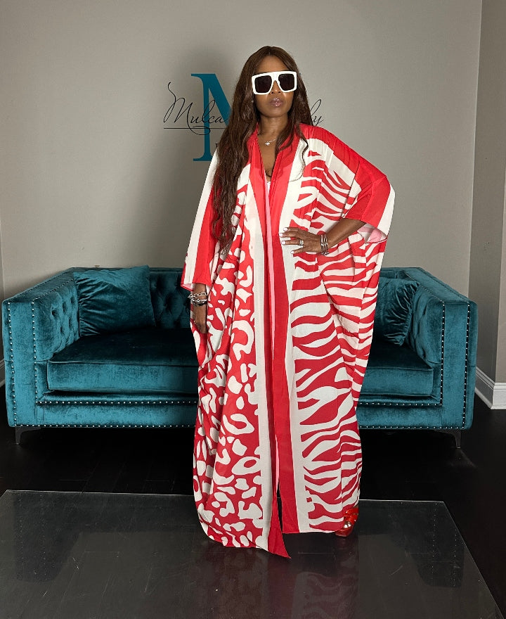Mexico City Open Front Kimono Long Kimono - Red White Pink Trim Blend