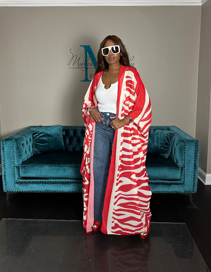 Mexico City Open Front Kimono Long Kimono - Red White Pink Trim Blend