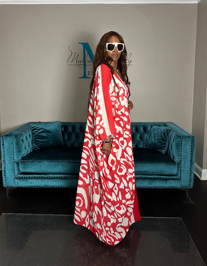 Mexico City Open Front Kimono Long Kimono - Red White Pink Trim Blend