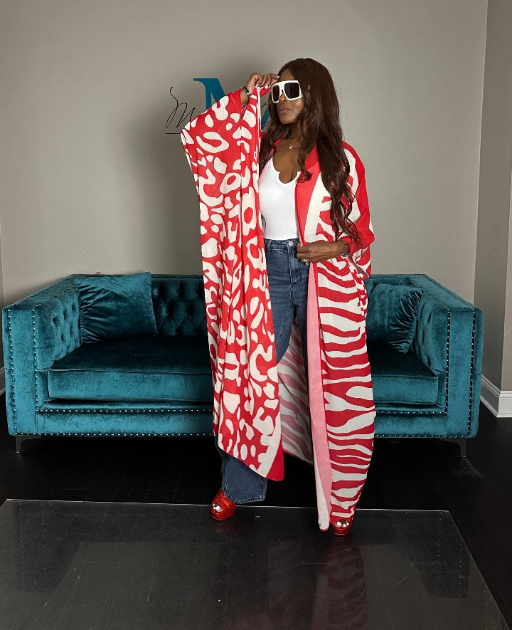 Mexico City Open Front Kimono Long Kimono - Red White Pink Trim Blend