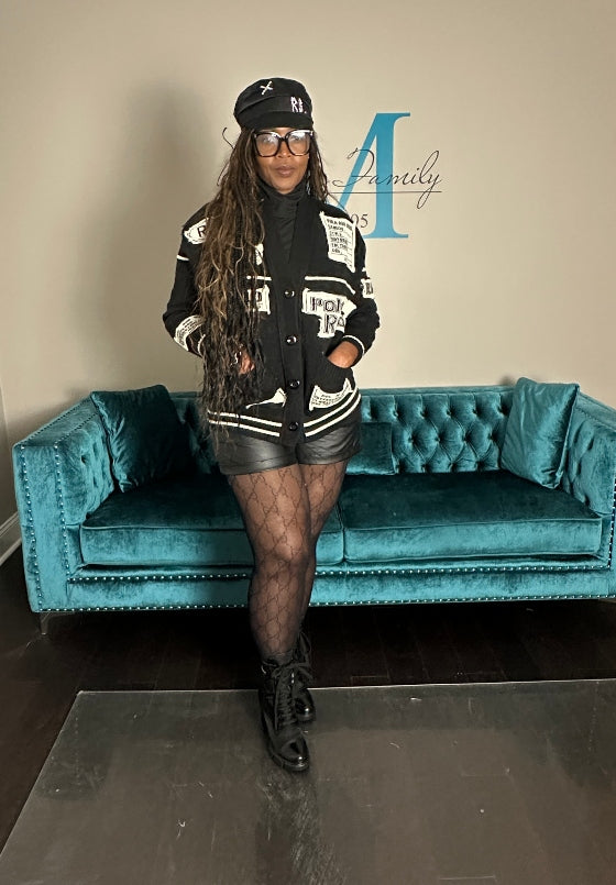 Varsity Cable Button Front Long Patchwork Cardigan - Black