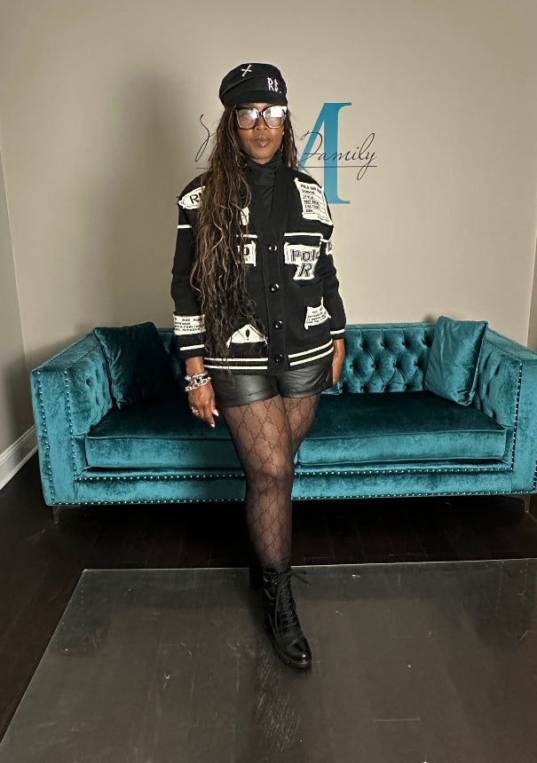 Varsity Cable Button Front Long Patchwork Cardigan - Black