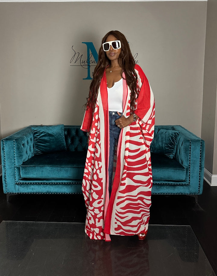 Mexico City Open Front Kimono Long Kimono - Red White Pink Trim Blend
