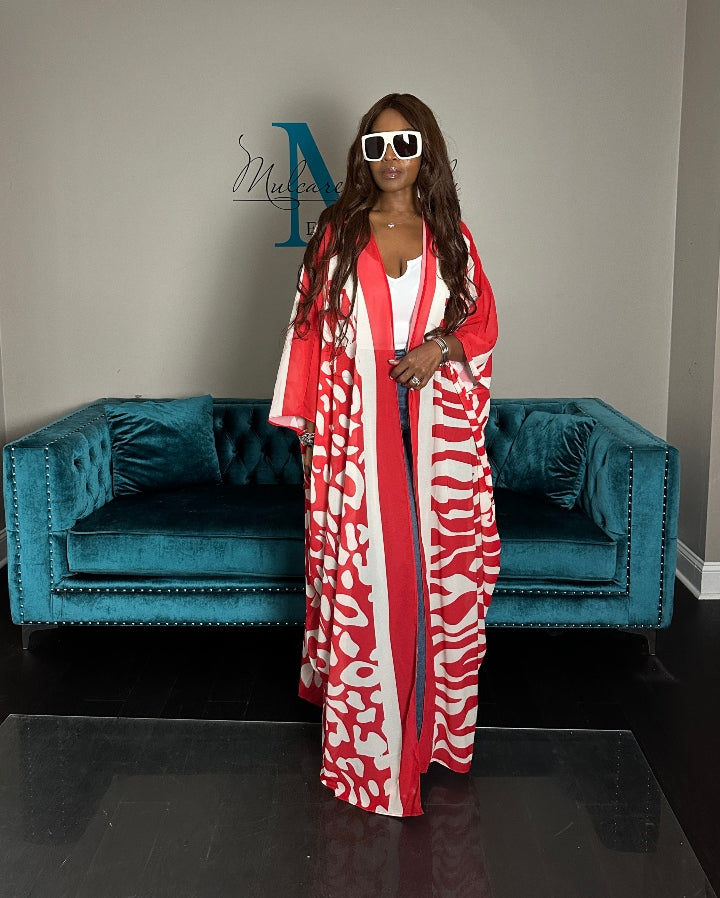 Mexico City Open Front Kimono Long Kimono - Red White Pink Trim Blend
