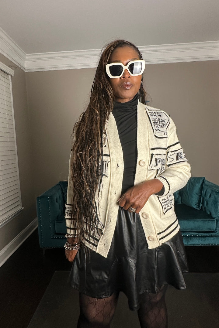 Varsity Cable Button Front Long Patchwork Cardigan - Cream