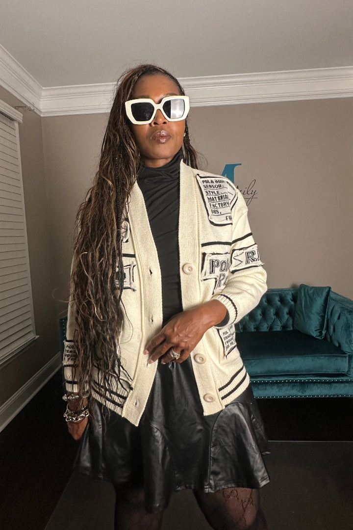 Varsity Cable Button Front Long Patchwork Cardigan - Cream