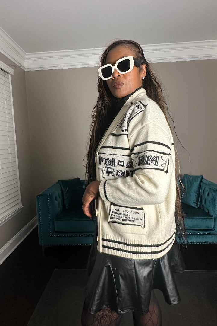 Varsity Cable Button Front Long Patchwork Cardigan - Cream