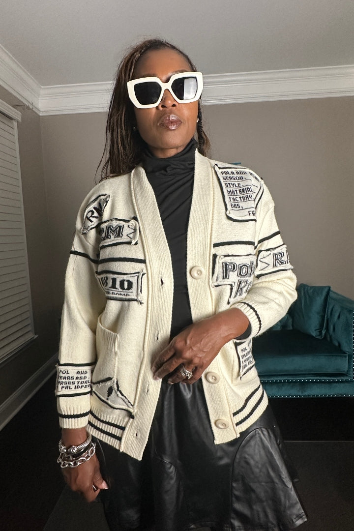 Varsity Cable Button Front Long Patchwork Cardigan - Cream