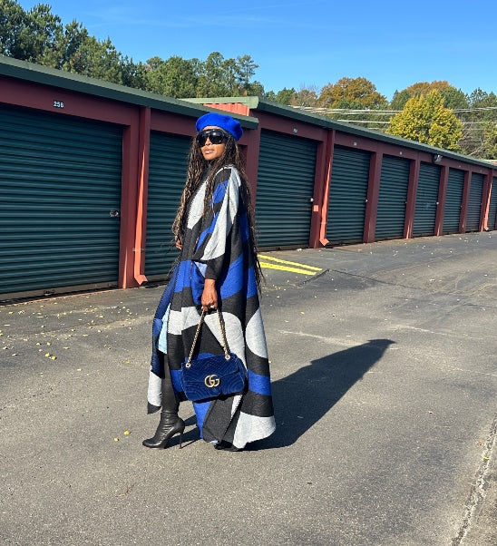 Rich Auntie Winter Open Front Long Kimono - Royal Blue Black White Blend Ships 11/25