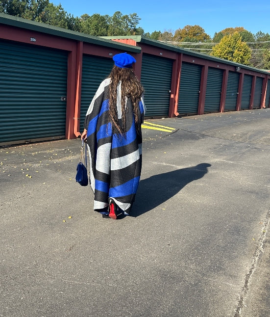 Rich Auntie Winter Open Front Long Kimono - Royal Blue Black White Blend Ships 11/25