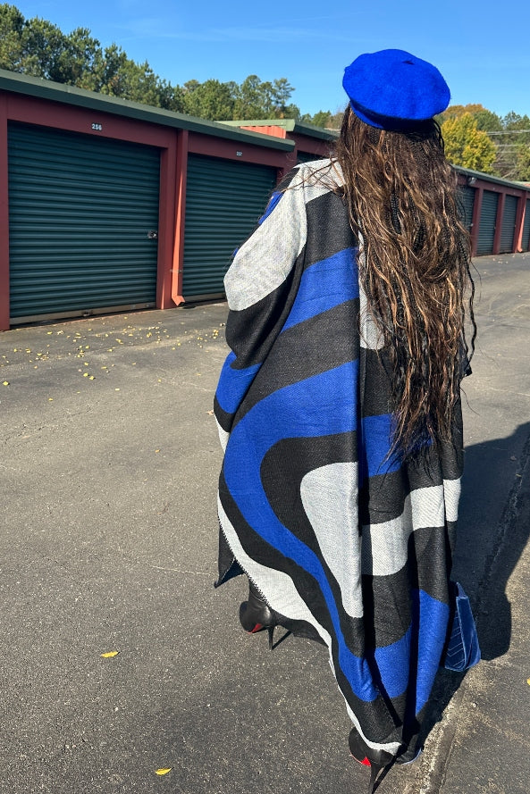 Rich Auntie Winter Open Front Long Kimono - Royal Blue Black White Blend Ships 11/25