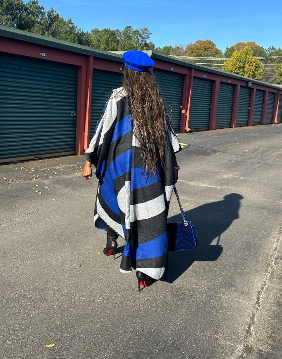 Rich Auntie Winter Open Front Long Kimono - Royal Blue Black White Blend Ships 11/25