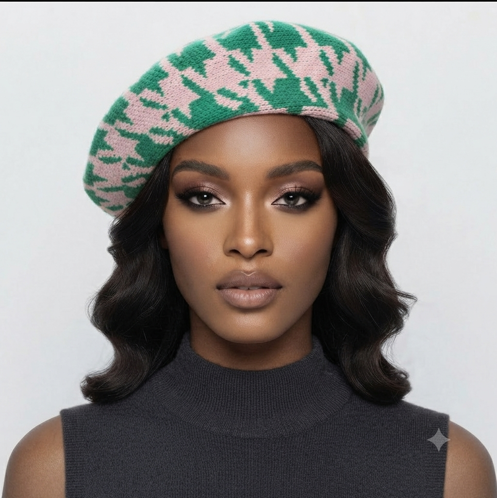 She wore a pink and green beret