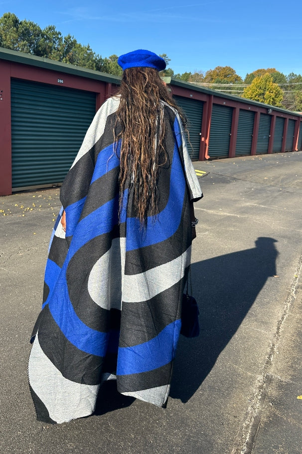 Rich Auntie Winter Open Front Long Kimono - Royal Blue Black White Blend Ships 11/25