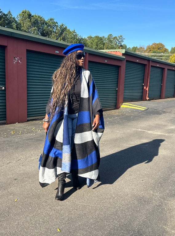 Rich Auntie Winter Open Front Long Kimono - Royal Blue Black White Blend Ships 11/25